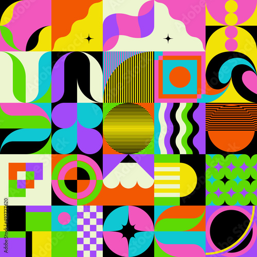 Neon Colored Abstract Pattern Graphics Made With Vector Geometric Shapes And Elements