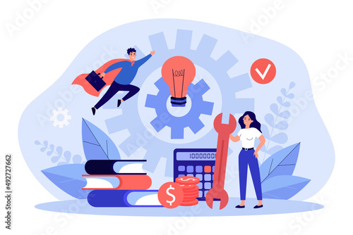 Work of business team on implementation and development of idea. Tiny woman standing with light bulb, gears flat vector illustration. Project concept for banner, website design or landing web page