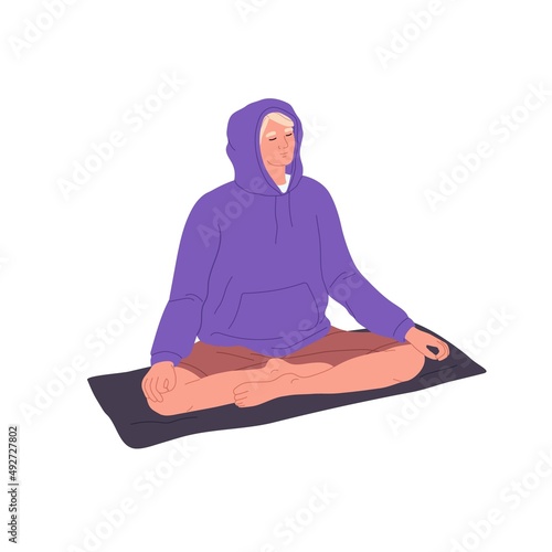Peaceful meditation and yoga exercising in lotus pose, asana. Calm person meditating with legs crossed, sitting on mat. Healthy relaxation. Flat vector illustration isolated on white background