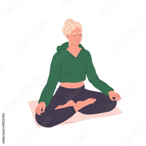 Calm woman during peaceful meditation and yoga practice. Female in zen asana, lotus pose. Person at retreat, meditating with legs crossed. Flat vector illustration isolated on white background
