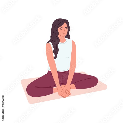 Calm peaceful woman at yoga and meditation practice. Female meditating in zen asana, lotus pose. Person during breathing exercises. Flat graphic vector illustration isolated on white background