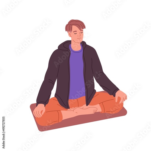 Man practicing yoga and meditation, sitting in lotus asana. Calm, peaceful person meditating for harmony and balance, breathing in zen pose. Flat vector illustration isolated on white background