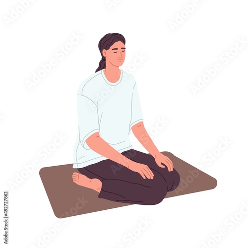 Peaceful meditation and yoga practice. Calm woman meditating in kneeling asana, zen pose. Person sitting on mat during retreat, relaxation. Flat vector illustration isolated on white background