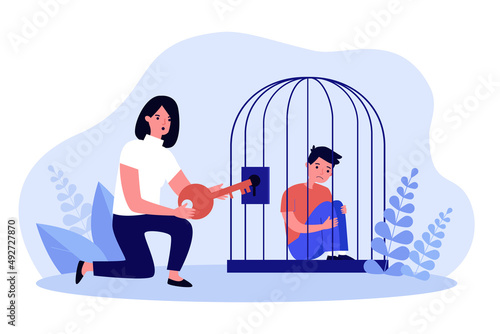 Woman opening locked cage with key to help child. Boy sitting in depression and anxiety flat vector illustration. Domestic violence, support concept for banner, website design or landing web page