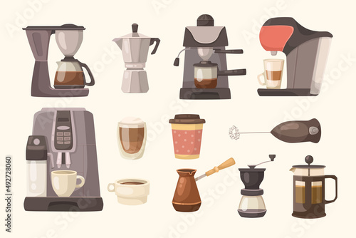 Different coffeemakers vector illustrations set. Collection of coffee or espresso machines with filters, cups and mugs, moka pot, Turkish cezve on white background. Equipment, appliances concept photo