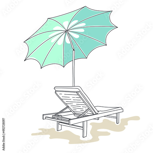 Vector Deck chair under sun umbrella, summer beach illustration