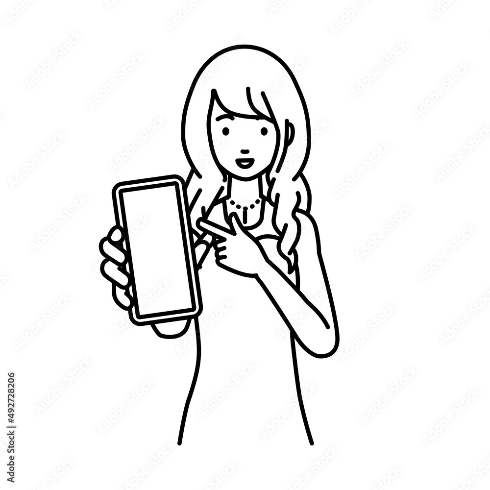 立ってスマートフォンを指差してこちらに向けて見せているドレスの女性