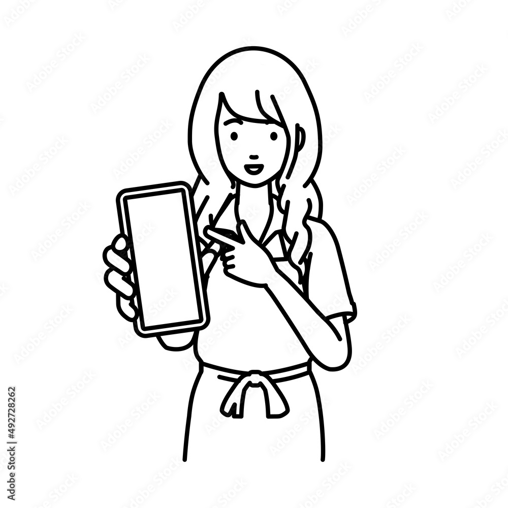 立ってスマートフォンを指差してこちらに向けて見せているエプロンをした店員の女性 立ってスマートフォンを指差してこちらに向けて見せているエプロンをした店員の女性