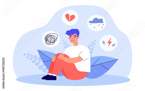 Stress, anxiety, confusion in head of man. Lost person sitting alone and suffering from problems flat vector illustration. Mental disorder concept for banner, website design or landing web page