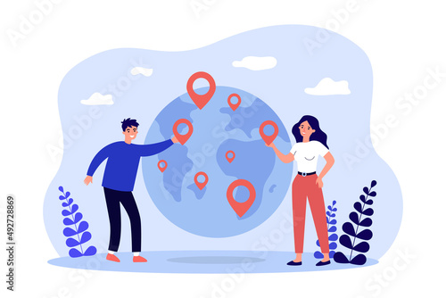 Work of people on global business expansion. Tiny man and woman standing near globe with pointers flat vector illustration. Franchise, strategy concept for banner, website design or landing web page