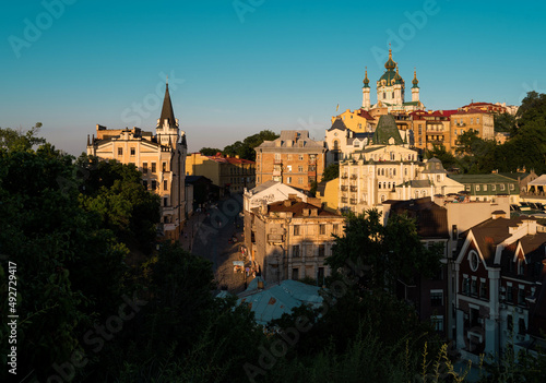 Andrew's Descent (Andriyivskyy Descent) in Kyiv in the light of the setting sun