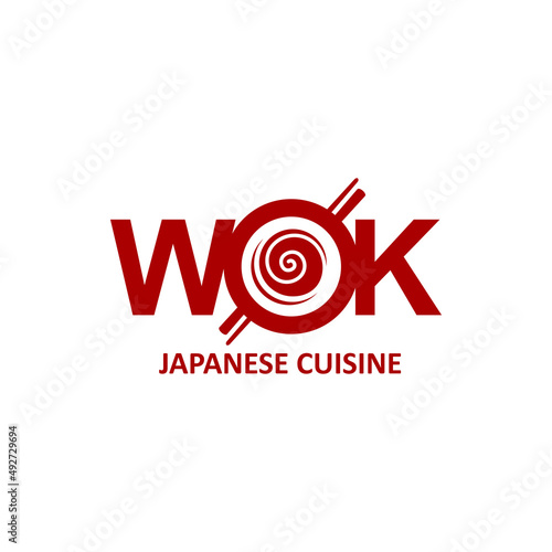 Wok icon, Chinese and Japanese cuisine noodles and sticks, vector emblem. Asian cuisine restaurant sign, wok pan with Chinese or Japanese ramen or udon noodles in for dishes and meals menu cover