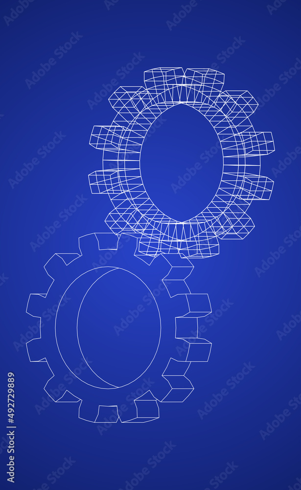 Vector illustration of gears line art on blue background representing a blue print