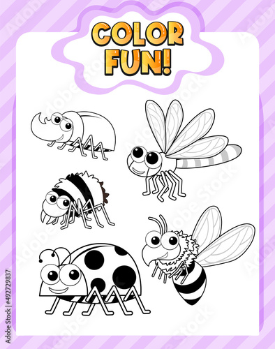 Worksheets template with color fun text and insect outline
