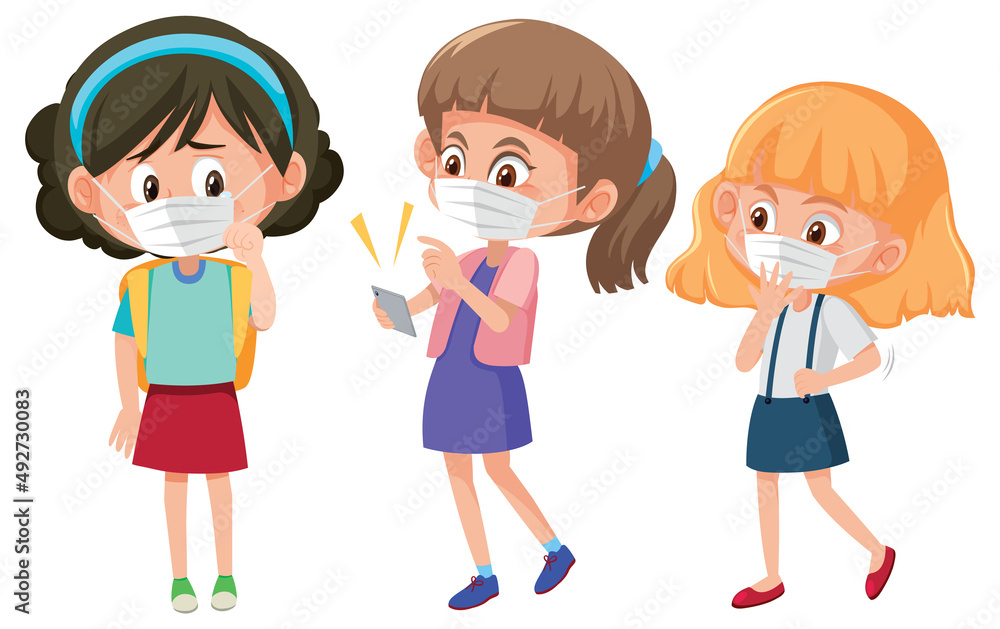 Collection of different girls wearing mask cartoon