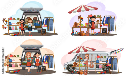 Flea market concept with set of different stores