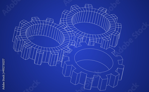Vector illustration of gears line art on blue background representing a blue print