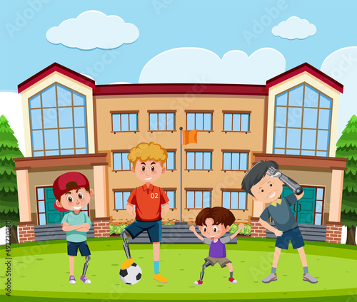Artificial body part concept with amputees cartoon character