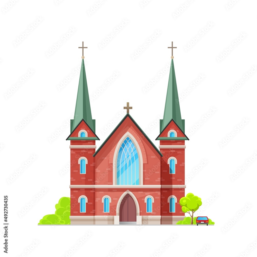 Catholic church or temple building icon, Christianity cathedral, vector religious architecture. Catholic, evangelic or protestant church or chapel, shrine of God and Jesus with crucifix cross