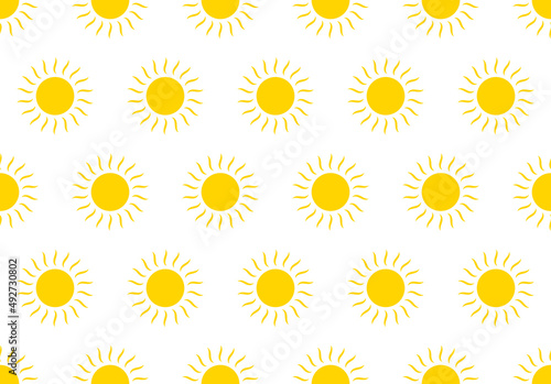 Sun seamless pattern. Spring and summer seamless pattern. Yellow sun with sunshine. Kid icon. Child illustration. Happy abstract wallpaper. Cartoon decoration background. Vector