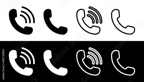 Phone icons. Handset symbols isolated on black and white background. Call signs for business, hotline and talk. Outline icons for customer. Button for communication. Vector
