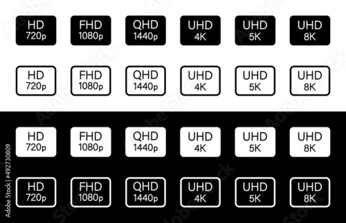 4k, hd, ultra hd, full, 8k video resolution icons. Logos of video resolutions. Outline isolated icons on white and black background. Vector