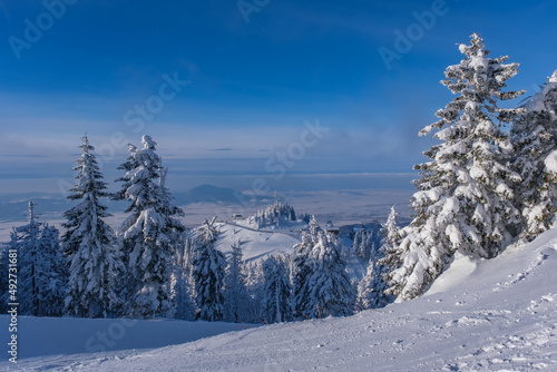 Scenic winter wonderland. Ski resort in full season. Frozen trees covered in snow mountain landscape. Ski cable car challet © Creatikon Studio