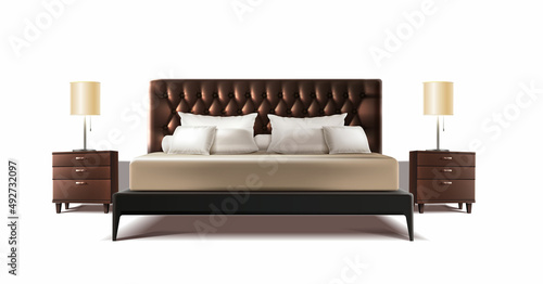 3d realistic vector background. Bedroom interior. King size bed and bedsidetables. Modern design. Isolated on whte background.