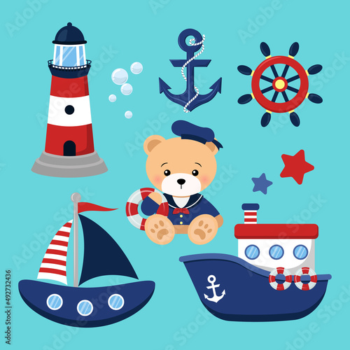 Cute bear in nautical theme clipart set.  Flat vector cartoon design