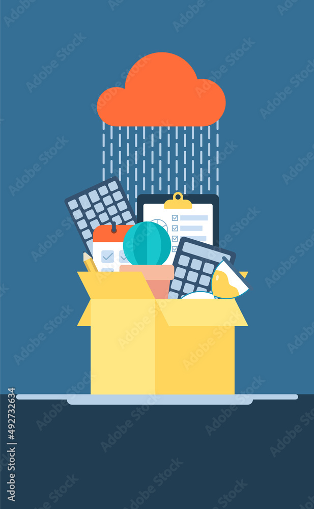 Firing from a job. A cardboard box full of office stuff. Job cuts. Hiring and recruiting. Dismissal employee. Unemployment and Jobless concept. Flat style design. Business illustration. 