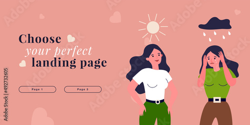 Sad girl standing in rain, smiling under sun. Negative and positive emotions of woman flat vector illustration. Mental health, psychology concept for banner, website design or landing web page