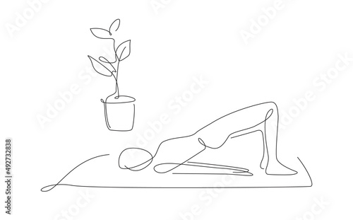 girl takes yoga Bridge Pose. woman makes pilates poses at home. Vector one line illustration