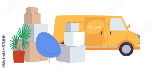 Moving services. Boxes with things and furniture for transportation. Car for cargo transportation. Flat vector illustration. Eps10