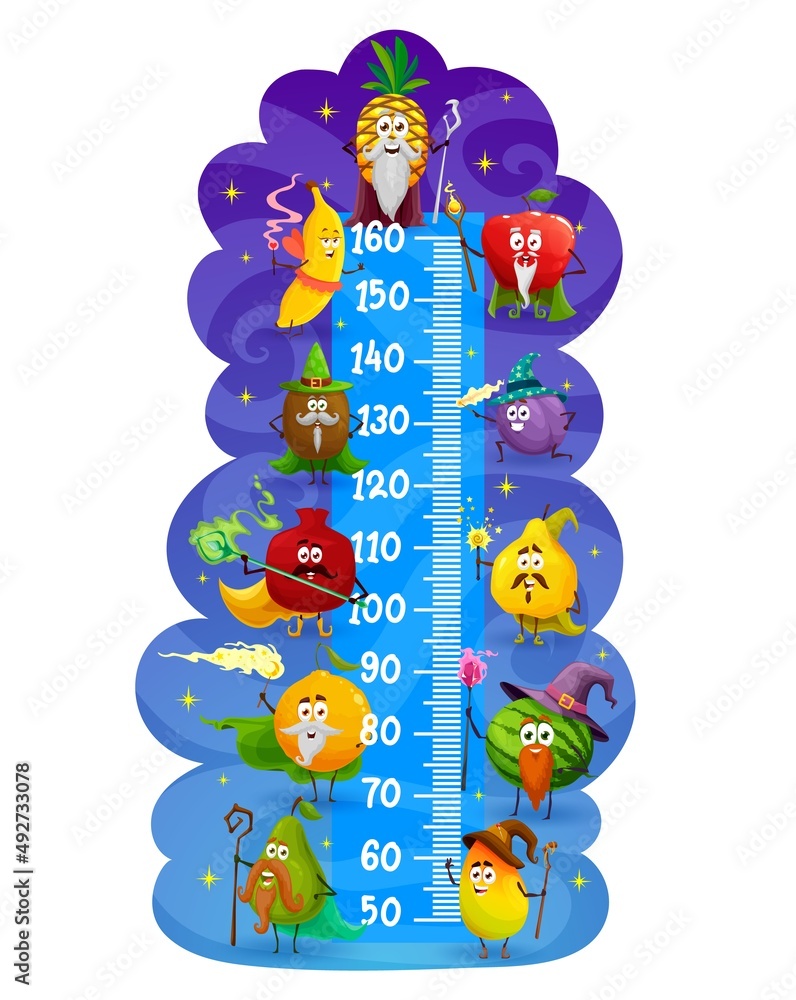 Fototapeta premium Kids height chart with cartoon magician and wizard fruits. Vector growth meter with apple, orange, banana and pineapple, watermelon, kiwi, mango and plum magic characters, children stadiometer ruler