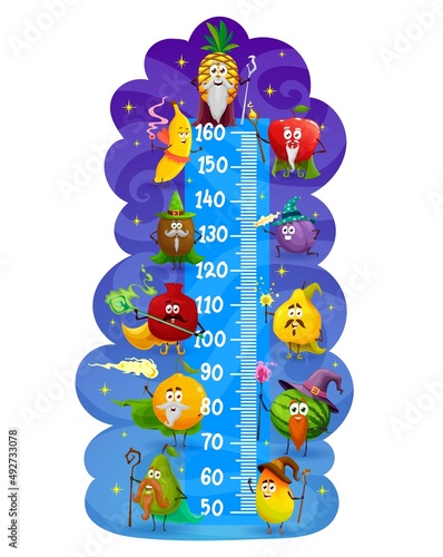 Kids height chart with cartoon magician and wizard fruits. Vector growth meter with apple, orange, banana and pineapple, watermelon, kiwi, mango and plum magic characters, children stadiometer ruler