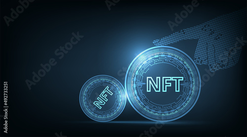 Non fungible token (NFT) coin.NFT coin design in circuit board style. Crypto currency concept. Vector Illustration.