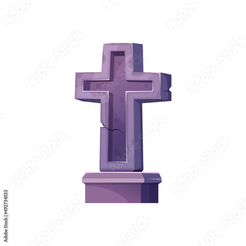 Gravestone, grey granite headstone, monument at graveyard isolated cartoon icon. Vector tombstone, burial at cemetery gravestone stele or marker, big christianity cross. Halloween sign, mystery grave