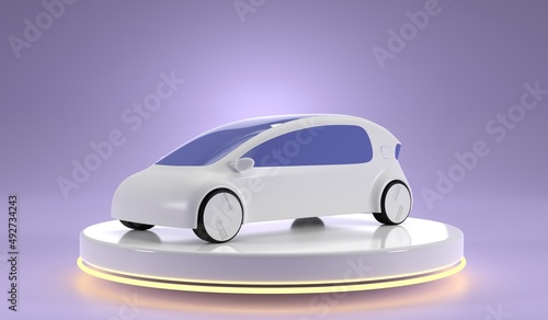Electric car with futuristic design on circle glow podium in showroom. Vehicle on hydrogen fuel cell, eco friendly transport presentation in motor show or automotive exhibition, 3d render illustration