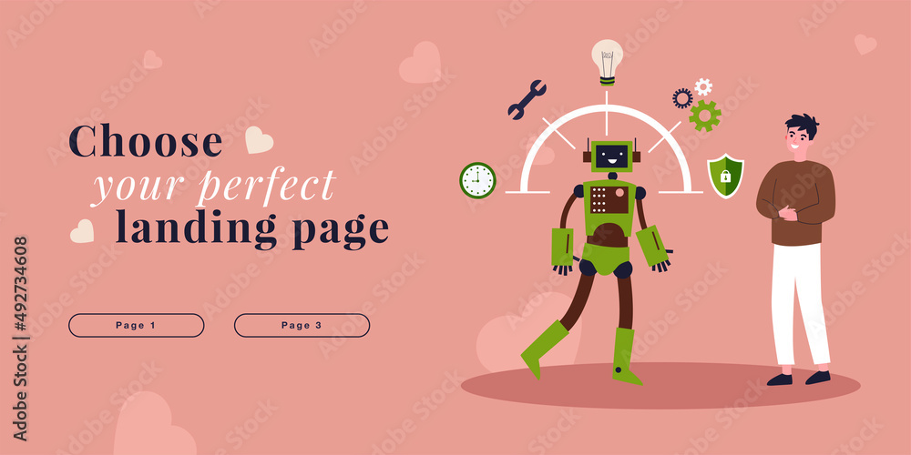 Man standing with multitasking robot. Support, advice of artificial intelligence at work of people flat vector illustration. AI service, chatbot concept for banner, website design or landing web page