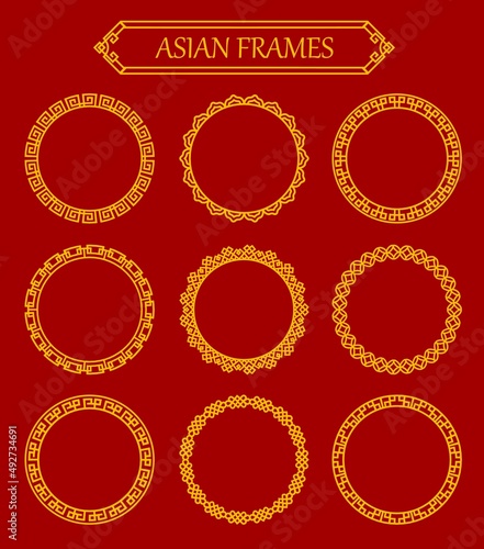 Round circle asian frames. Japanese, korean and chinese decorative borders, oriental ornaments with golden lines, geometric figures and knots. Asian round frames with traditional decor patters