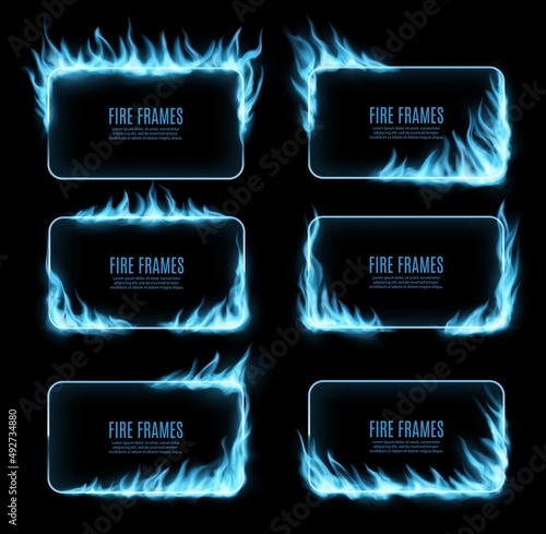 Natural gas blue fire flames on frame. Heating and fuel market, forge or hot sales horizontal banner, frame or corner with realistic vector burning blue methane, propane or butane gas blue flames