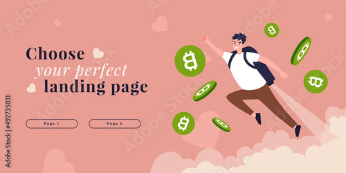 Man flying up by rocket in backpack into sky with bitcoins. Person investing in crypto currency flat vector illustration. Cryptocurrency startup concept for banner, website design or landing web page