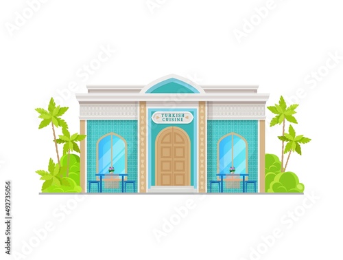 Turkish cuisine restaurant building icon. City street cafe with arab ornaments on blue tile, columns and outdoors tables, chairs. Turkish food restaurant facade, cartoon vector exterior front view