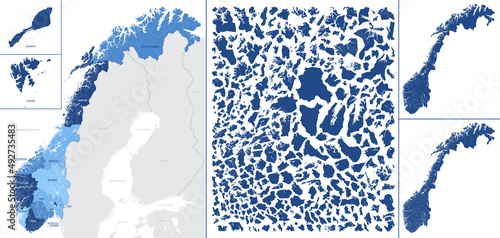 Detailed, vector, blue map of Norway with administrative divisions country