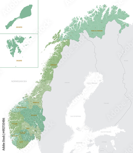 Detailed map of Norway with administrative divisions into Counties and municipalities and Dependent territory, major cities of country vector illustration onwhite background