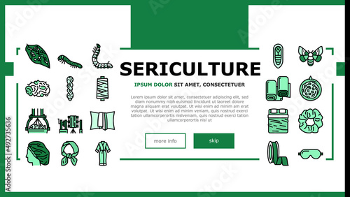 Sericulture Production Business Landing Web Page Header Banner Template Vector. Hatchlings And Larvae Silkworm, Silk Neck Scarf And Ribbon, Pillowcase And Bed Fabric Sheets . Thread Wheel Illustration