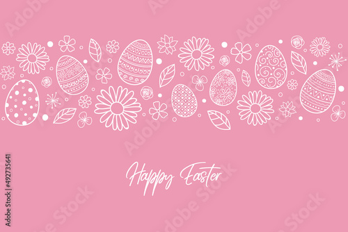 Easter greeting card with decorative eggs nad flowers. Vector