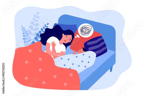 Stress, confusion in head of lonely mother. Woman lying in bed with sleeping baby flat vector illustration. Postpartum depression, mental health concept for banner, website design or landing web page