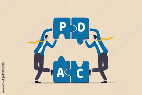 PDCA cycle to manage working process for continuous improvement and get better work quality, Plan, Do, Check and Act concept, businessman coworker help complete jigsaw puzzle loop with alphabets PDCA.
