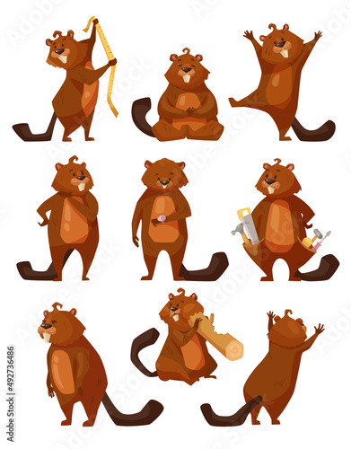 Funny beaver doing different activities cartoon illustration set. Cute rodent with saw, meter ruler and hummer gnawing wood, sitting in lotus pose on white background. Animal, wildlife concept